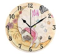 LDIYEU Chiot Carlin Lune Dessiné À La Main Pendule Murale Décoratif Moderne Horloge de Mur Circulaire Silencieuse horloges pour Enfant Garçons Le Bureau à Domicile Salon Cuisine Chambre école Décor