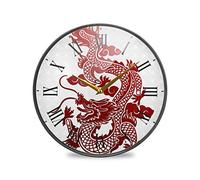 LDIYEU Dragon Rouge Chinois Murale Décoratif Moderne Horloge de Mur Circulaire Silencieuse Horloges pour Enfant Garçons Le Bureau à Domicile Cuisine Chambre école Décor(9.5In 11.9In)