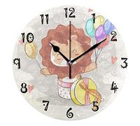 LDIYEU Lion Heureux Dessiné À La Main Pendule Murale Décoratif Moderne Horloge de Mur Circulaire Silencieuse horloges pour Enfant Garçons Le Bureau à Domicile Salon Cuisine Chambre école Décor
