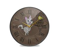 LDIYEU Oiseau Chat Brun Murale Décoratif Moderne Horloge de Mur Circulaire Silencieuse Horloges pour Enfant Garçons Le Bureau à Domicile Cuisine Chambre école Décor(9.5In 11.9In)