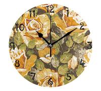 LDIYEU Toile Rose Jaune d'art Pendule Murale Décoratif Moderne Horloge de Mur Circulaire Silencieuse horloges pour Enfant Garçons Le Bureau à Domicile Salon Cuisine Chambre école Décor
