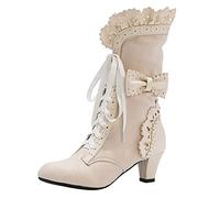 LDOZ Bottes à lacets en denim western pour femmes, bottes de chevalier fines à talons épais, tendance et cool, doivent être disponibles dans la rue(Beige,6.5)