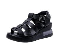 LDOZ Ladies Summer Hollow Buckle Sandals Open Toe Casual Retro Flat Roman Sandals for Street Shopping(Black1,7)