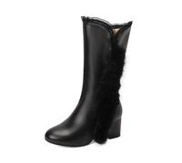 LDXEQIZ Bottes Courtes Élégantes À Talons Carrés Bottines d'hiver for Femmes avec Col en Peluche Bottines en Cuir PU avec Fermeture Éclair Talons Hauts De 6 Cm for Mariage/soirée(Black,38 EU)