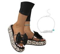 LDXEQIZ Mules À Talons Compensés for Femmes Sandales Rétro À Imprimé Léopard Chaussons Plateforme Élégants avec Nœuds 2026 Pantoufles D'été À Bout Ouvert Et Bride Arrière(Black,42 EU)