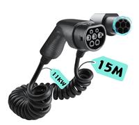 LDY - Câble de charge en spirale type 2 - 11 kW, câble extra long de 15 mètres pour voiture EV/PHEV, câble de charge pour voiture électrique et plug-in hybride (PHEV) - 15 m / 16 A / Câble en spirale