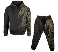 LDZDGD Ensemble Survêtement Viking à Capuche avec Sweat Zippé et Pantalon de Jogging, Motif Mythologie Nordique, Tenue Streetwear Décontractée pour Sport Voyage Plein Air(Celtic Raven,XL)
