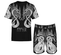 LDZDGD Ensemble T-Shirt et Short à Runes Nordiques pour Homme, Streetwear Estival Viking Inspiré de la Mythologie, Symboles Tribaux et Design d’Armure de Guerrier Nordique(Fafnir Dragon,3XL)