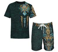 LDZDGD Ensemble T-Shirt et Short Viking pour Homme, Tenue d’Été de Mythologie Nordique avec Symboles Runiques, Imprimé de Totem Tribal et Style Streetwear de Guerrier(FENRIR 2,M)