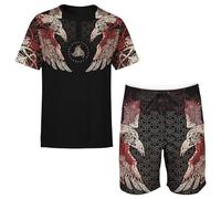 LDZDGD Ensemble T-Shirt et Short Viking pour Homme, Tenue d’Été de Mythologie Nordique avec Symboles Runiques, Imprimé de Totem Tribal et Style Streetwear de Guerrier(Huginn and Muninn 1,M)