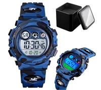 LDZDGD Montre Camouflage Digitale Enfant, Étanche 50M, Montre Sport Extérieure avec Lumière LED, Alarme, Chronomètre, Date, Jour, Compte à Rebours, Bracelet PU, Léger pour Garçon(Blue Camo)