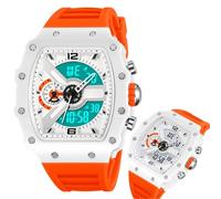 LDZDGD Montre Digitale Homme à Grand Cadran, Montre Analogique-Digitale Robuste avec 2 Fuseaux Horaires, Chronomètre, Alarme, Affichage du Jour, Format 12/24h(Orange)