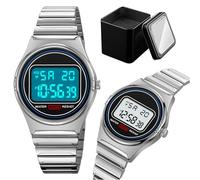 LDZDGD Montre Digitale Homme Style Vintage, Bracelet en Acier Inoxydable, Étanche 30M avec Lumière LED, Minuterie, Affichage de la Date et du Jour, Fonction Alarme(Silver)