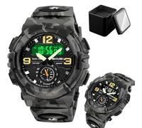 LDZDGD Montre Digitale Multifonction Homme, Triple Affichage Horaire, Chronomètre, Alarme, Format 12/24h, Lumière EL, Montre Tactique Résistante à l’Eau(Gray Camo)