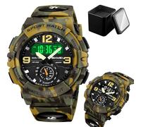 LDZDGD Montre Digitale Multifonction Homme, Triple Affichage Horaire, Chronomètre, Alarme, Format 12/24h, Lumière EL, Montre Tactique Résistante à l’Eau(Green Camo)