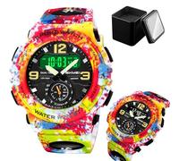 LDZDGD Montre Digitale Multifonction Homme, Triple Affichage Horaire, Chronomètre, Alarme, Format 12/24h, Lumière EL, Montre Tactique Résistante à l’Eau(Graffiti)