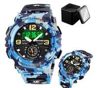 LDZDGD Montre Digitale Multifonction Homme, Triple Affichage Horaire, Chronomètre, Alarme, Format 12/24h, Lumière EL, Montre Tactique Résistante à l’Eau(Blue Camo)
