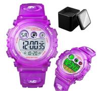 LDZDGD Montre Digitale Sport Enfant, Étanche 50M, Montre Extérieure avec Lumière EL, Chronomètre, Alarme, Affichage du Jour, Bracelet PU Confortable(Purple)