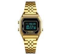 LDZDGD Montre Numérique Unisexe avec Bracelet Acier Inoxydable, Étanche 30M, Style Rétro avec Rétroéclairage EL, Alarme, Chronographe, Affichage Date et Semaine(Gold 1)