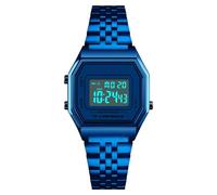 LDZDGD Montre Numérique Unisexe avec Bracelet Acier Inoxydable, Étanche 30M, Style Rétro avec Rétroéclairage EL, Alarme, Chronographe, Affichage Date et Semaine(Blue)