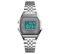 LDZDGD Montre Numérique Unisexe avec Bracelet Acier Inoxydable, Étanche 30M, Style Rétro avec Rétroéclairage EL, Alarme, Chronographe, Affichage Date et Semaine(Silver 1)