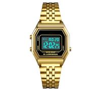 LDZDGD Montre Numérique Unisexe avec Bracelet Acier Inoxydable, Étanche 30M, Style Rétro avec Rétroéclairage EL, Alarme, Chronographe, Affichage Date et Semaine(Gold 2)
