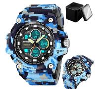 LDZDGD Montre Sport Digitale Homme Style Militaire Tactique, Étanche 50M, Rétroéclairage LED, Chronomètre, Compte à Rebours, Alarme, 3 Fuseaux Horaires, Format 12/24h, Robuste Extérieure(Blue Camo)