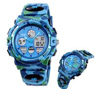 LDZDGD Montre Sport Numérique Homme, Étanche 50M, Montre Tactique Extérieure avec Chronographe, Rétroéclairage, Alarme, Affichage Date et Semaine, Bracelet PU(Light Blue Camo)