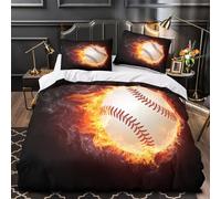 Le baseball en feu 3D Imprimé Drap de couette 3 pièces Microfibre éclair dissimulé Illustration sportive dynamique Housse de couette 2 taies hypoallergénique couples famille Super king（260x220cm）