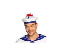 Le béret marin en tissu est blanc, bleu et noir avec un pompon rouge. Il completera parfaitement votre déguisement de marin à