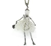 Le Carose Collier pour femme collection mariée Le bijou est en laiton avec poupée, galvanoplastie blanche et robe courte blanche en dentelle avec perles et pendentif bouquet mariée. Dimensions :