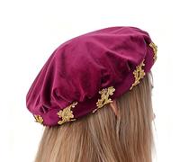 Le Chapeau Renaissance pour Homme,Costume de Cosplay en Velours Doux avec Garniture Dorée Vintage - Bonnet de la Renaissance à Bord Roulé - pour Fête de Vacances et Spectacle Scénique et Bal Masqué