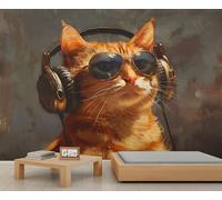 Le chat à lunettes de soleil écoute de la musique Décoration murale 3D autocollante, idéale pour chambre, salle de bain et salon. Papier peint décoratif. 250x195cm (non autocollant)