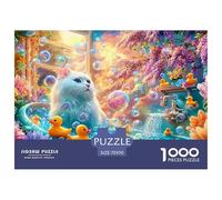 Le Chat Blanc se baigne avec des Canards en Caoutchouc et des Bulles Puzzle De 1000 Pièces Pet Chat Mignon Amusement De Jeu d'esprit pour Adultes Et Enfants 70x50cm/1000pcs