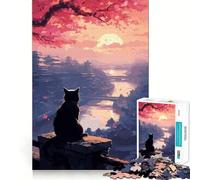 Le Chat de la Nuit de la Lune Puzzle de 1000 pièces pour Adolescents Design Lumineux et Relaxant Décoration Murale 50x75cm