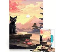 Le Chat de la Nuit de la Lune Puzzle Japonais Difficile de 1000 Pièces pour Adultes Renforce la mémoire, réduit Le Stress, Bords de qualité supérieure, pièce d'art 50x75cm