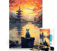 Le Chat de la Nuit de la Lune Puzzle Japonais Difficile de 1000 Pièces pour Adultes Renforce la mémoire, réduit Le Stress, Bords de qualité supérieure, pièce d'art 38x52cm