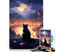 Le Chat de la Nuit de la Lune Puzzle Japonais pour Adolescents 1000 pièces Jeu de réflexion Amusant et Simple Cadeau précieux 50x75cm