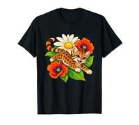Le Chat tacheté rouillé Saute à Travers Trois Panneaux de Fleurs Peints T-Shirt