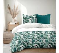 Le Clos des Songes - Parure de Couette 240x260 cm - Percale de Coton 80 Fils - Housse + 2 Taies - Blanc et Vert - La Nomade