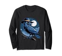 Le corbeau cool avec chapeau aime la nuit et la pleine lune Manche Longue