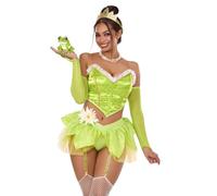 Le costume Bayou pour bébé comprend un haut bustier, une jupe pétale, une culotte porte-jarretelles, une fleur à épingler, des bretelles transparentes, des gants à gants et une couronne