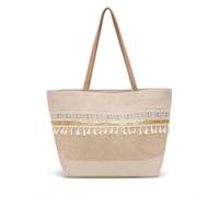 LE CÔTÉ CHIC Sac fourre-tout de plage Boho, grand, beige naturel, lin et jute, avec pompons, franges et détail doré, pour plage, piscine et voyages, beige, L