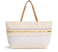 LE CÔTÉ CHIC Sac fourre-tout de plage Boho, grand, beige naturel, lin et jute, avec pompons, franges et détail doré, pour plage, piscine et voyages, beige, L (Blanc)