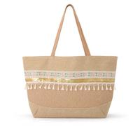 LE CÔTÉ CHIC Sac fourre-tout de plage Boho, grand, beige naturel, lin et jute, avec pompons, franges et détail doré, pour plage, piscine et voyages, beige, L (Marron)