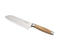 LE CREUSET Couteau Santoku, Lame Lisse 18 cm en Acier Damas 18/8, Manche en Bois d'Olivier, Inoxydable, Brun/Argenté,98000218000200