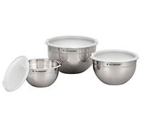 Le Creuset Lot de 3 bols mélangeurs imbriqués avec base en silicone antidérapant et couvercles hermétiques en plastique, grands, en acier inoxydable