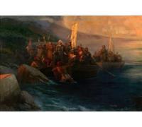 Le débarquement de Christophe Colomb avec ses compagnons sur trois lancements le vendredi 12 octobre 1492 au lever du soleil sur une île américaine nommée San Salvador par lui le même jour (1892)