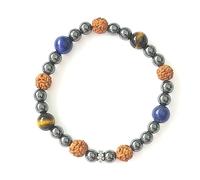 LE DEUCALION Bracelet avec pierres véritables en hématite, pierres de couleurs et graine de Rudraksha. Perle charme forme fleur en argent 925. (HOWLITE/AVENTURINE VERTE, 18)