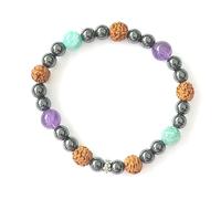 LE DEUCALION Bracelet avec pierres véritables en hématite, pierres de couleurs et graine de Rudraksha. Perle charme forme fleur en argent 925. (AMETHYSTE/AMAZONITE, 18)